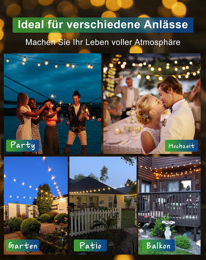 Zuske Solar Lichterkette Aussen, 15M Lichterkette Außen Solar Wasserdicht mit 25+2 Warmweiße G40 Glühbirnen, 5 Modi IP65 Wasserdicht Solar lichterkette für outdoor, Garten, Terrasse, Balkon, Hochzeit