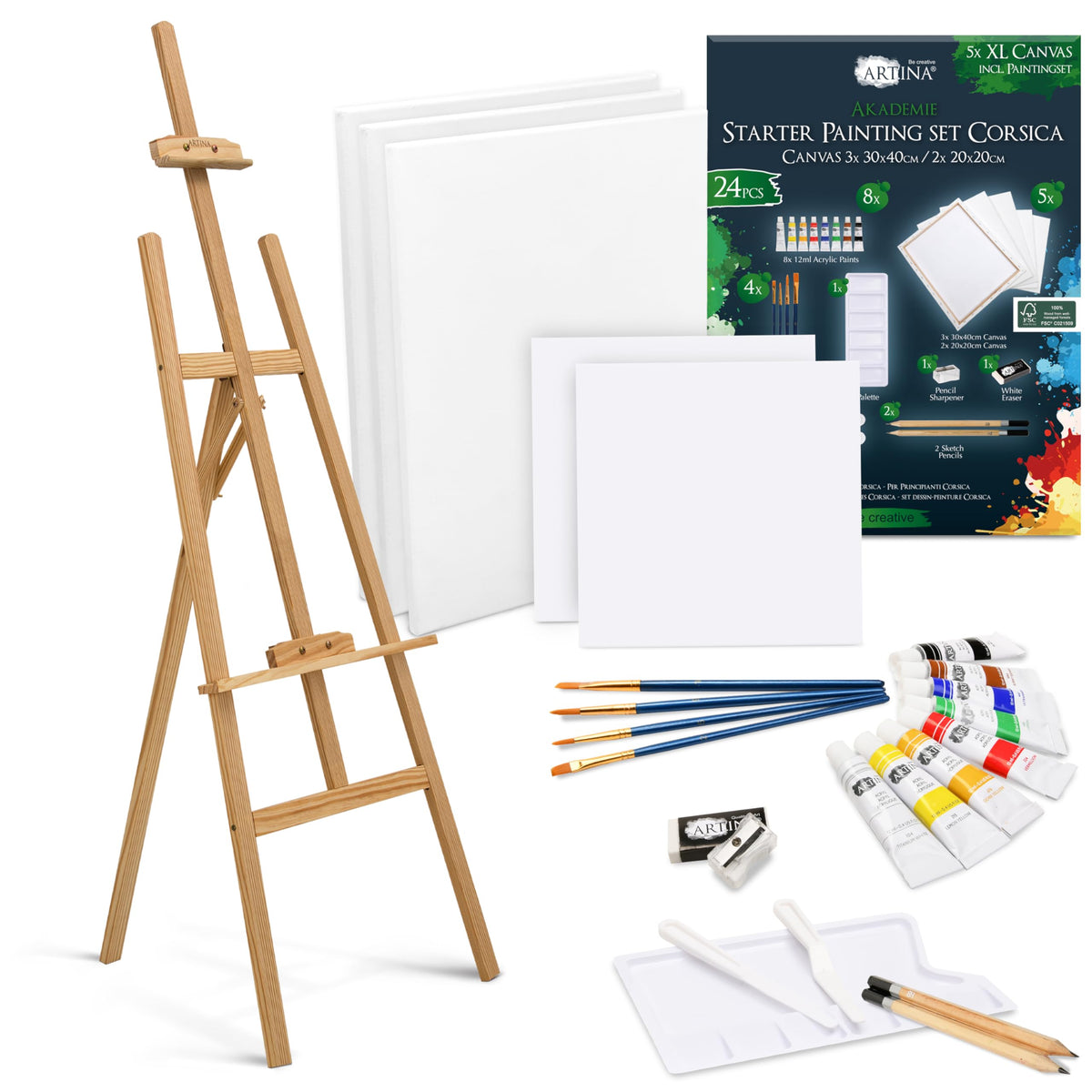Artina Malset Corsica mit Staffelei – 24-teiliges Acrylfarben Set mit Keilrahmen und Pinseln