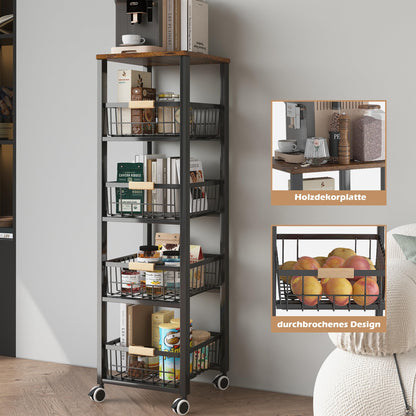 Küchenwagen Gemüseregal 5 Etagen, stapelbar, Rollen – Schwarz