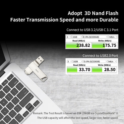 SSK USB-C Speicherstick 256GB, Dual USB-C + USB 3.2, 200 MB/s