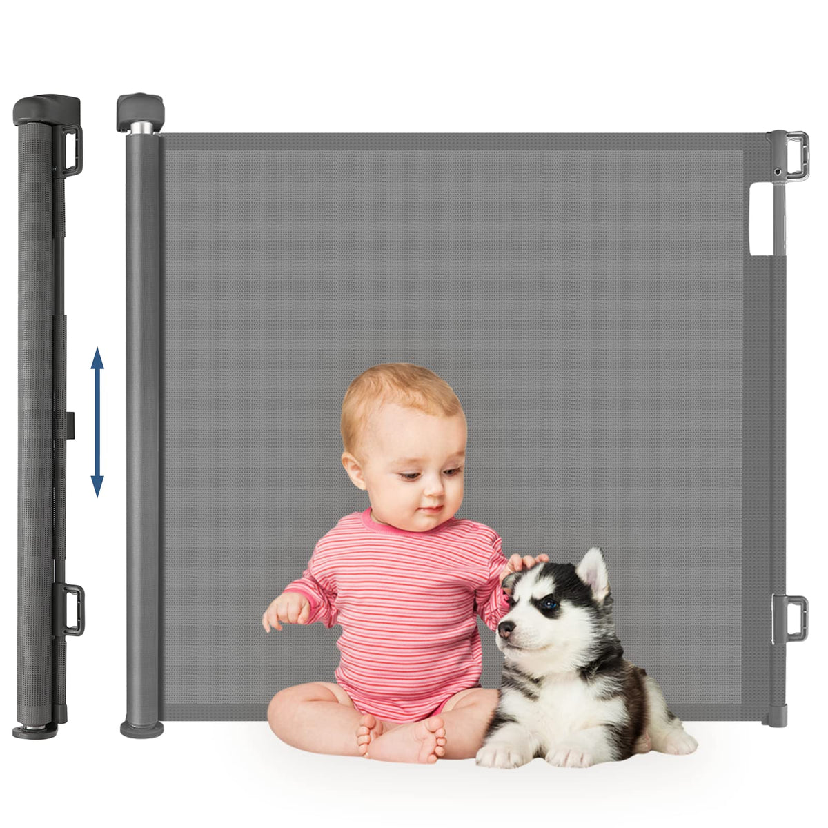 HollyHOME Treppenschutzgitter ausziehbar 0-180 cm, Babygitter grau, PVC-Maschengitter für Treppen und Türen