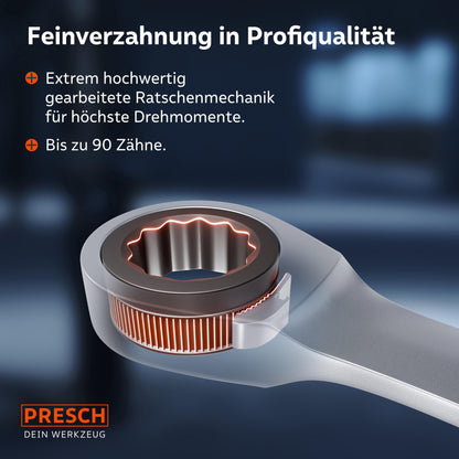 PRESCH Ratschenschlüssel Set 12tlg. 6-19mm - 90 Zähne mit Tasche