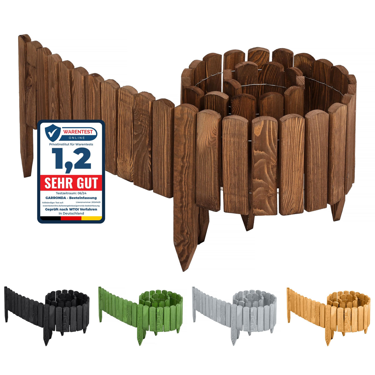 Garronda Rasenkante Beeteinfassung aus Holz 200 x 20 cm, Dunkelbraun, flexibles Rollborder