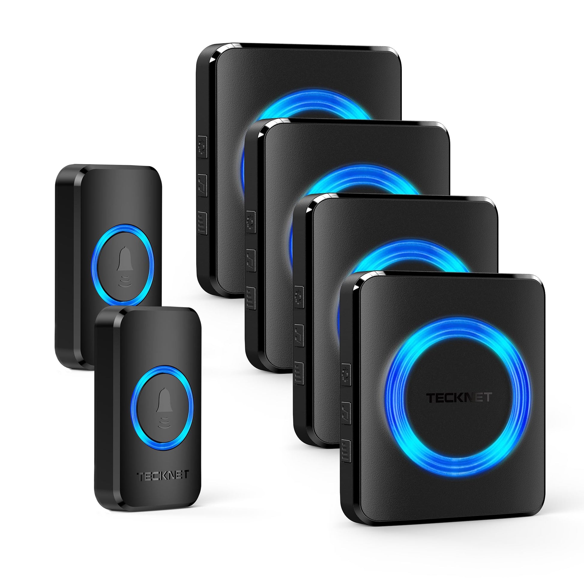 TECKNET Funkklingel Set IP65 wasserdicht 600 m 2 Sender 4 Empfänger – kabellose Türklingel mit LED-Blitz