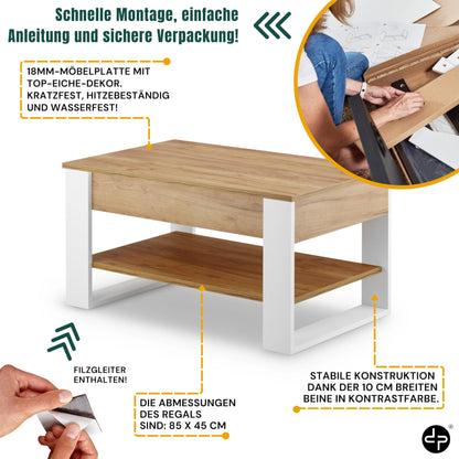 defiPad Höhenverstellbarer Ausziehbarer Couchtisch - Weiss Eiche