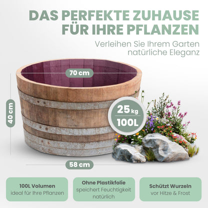 Temesso Weinfass halbiert aus Eichenholz, Pflanzkübel & Miniteich
