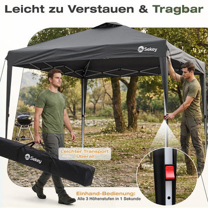 Sekey Pop Up Pavillon 3x3 m, wasserdicht, mit Seitenwänden, grau