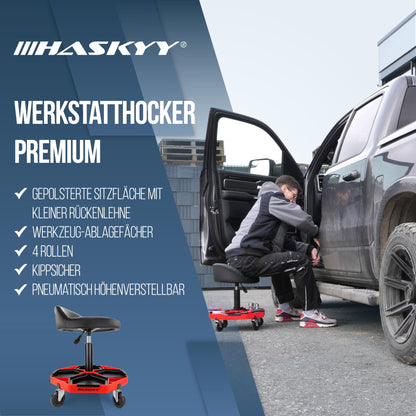 HASKYY Werkstatthocker Rollhocker – Rückenlehne, höhenverstellbar