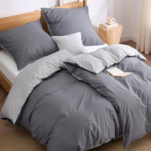 Bedsure Wendebettwäsche Set 135x200 Baumwolle 4teilig Anthrazit, zweifarbig mit Kissenbezügen