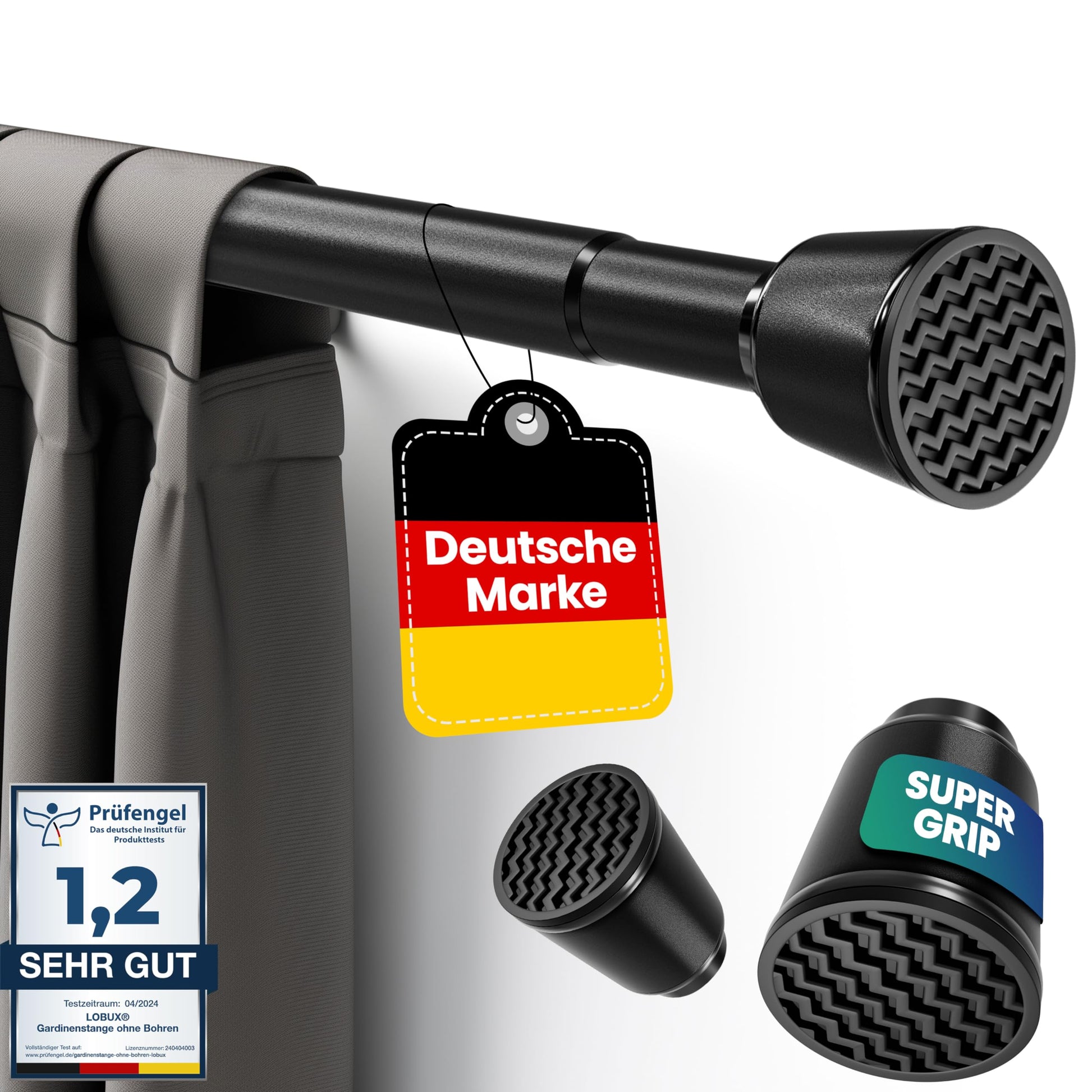 LOBUX Gardinenstange ohne Bohren, schwarz, 110-250 cm, Ø 32 mm – ausziehbare Teleskopstange aus Karbonstahl