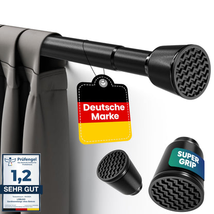 LOBUX Gardinenstange ohne Bohren, schwarz, 110-250 cm, Ø 32 mm – ausziehbare Teleskopstange aus Karbonstahl