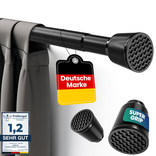 LOBUX Gardinenstange ohne Bohren, ausziehbar 260-350 cm, schwarz – Teleskopstange zur werkzeugfreien Klemmmontage