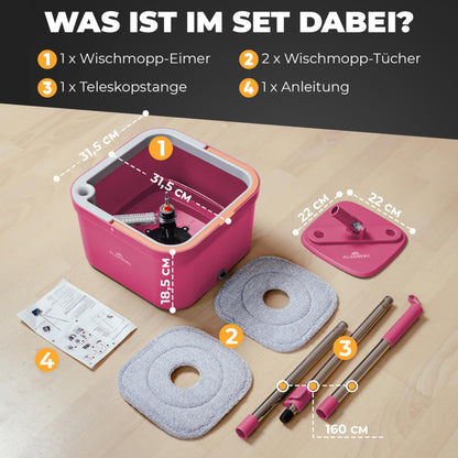 ALANBERG Wischmopp Set mit Eimer 2-Kammer-System – Pink