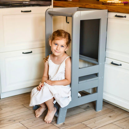 MEOWBABY Lernturm Höhenverstellbar – Kinder Tritthocker Grau