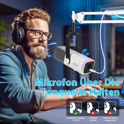 Fifine MI34 Dynamisches Streaming-Mikrofon USB/XLR mit Arm, Weiss