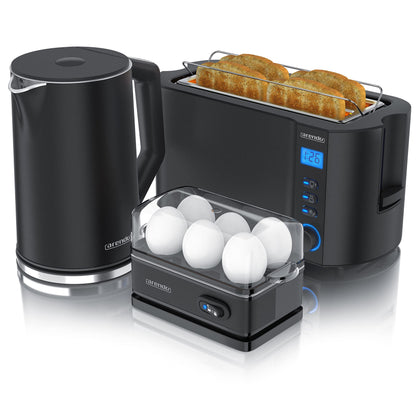 Arendo Wasserkocher Toaster Eierkocher Set – Schwarz Edelstahl. Dreiteiliges Set in Schwarz/Edelstahl zur Frühstückszubereitung.