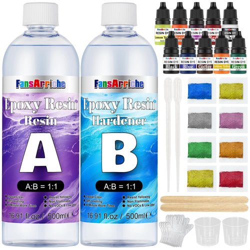 FansArriche Epoxidharz Set 1000 ml, glasklar, mit Farben und Zubehör