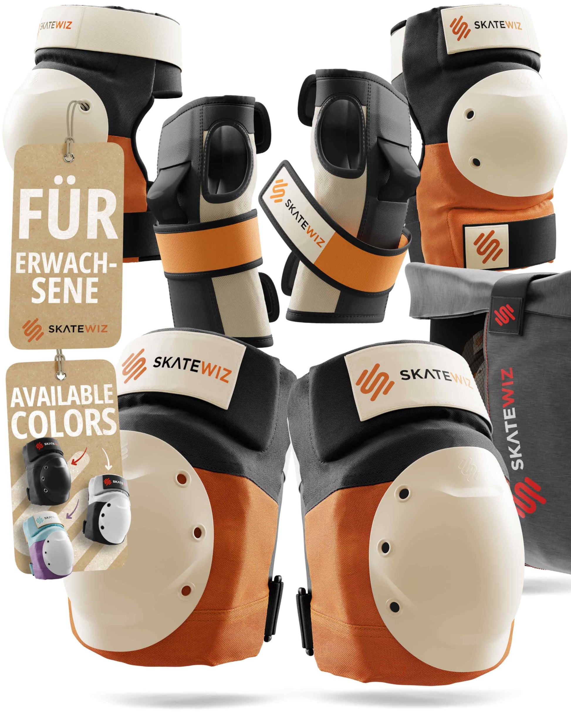 SKATEWIZ Shield Schonerset Inliner Erwachsene, Sunrise Orange, M/L – Set mit Knie-, Ellenbogen- und Handschonern