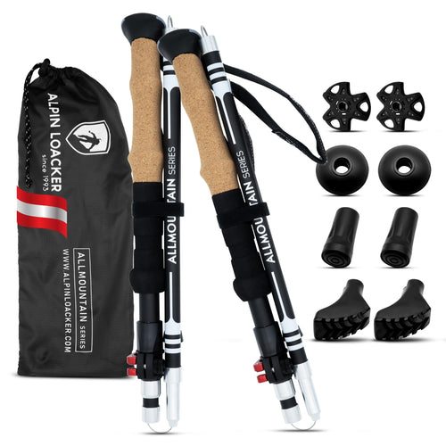 ALPIN LOACKER Wanderstöcke faltbar Aluminium mit Korkgriff 100-120 cm – inklusive Schneeteller und Gummipuffer