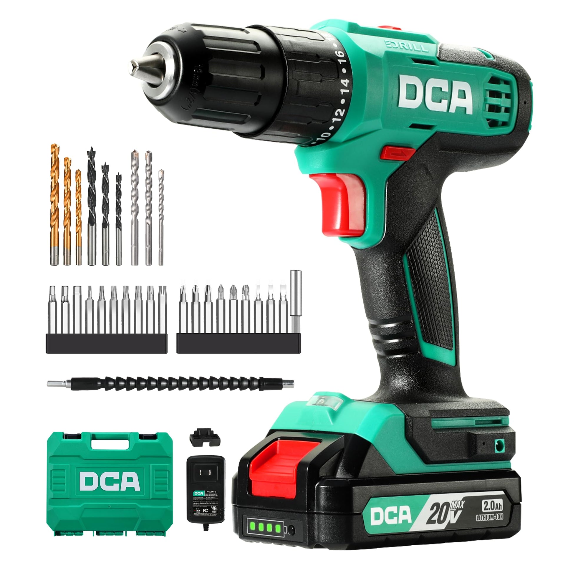 DCA Akku-Schlagbohrmaschine Set 20V, 40 Nm, 13 mm Bohrfutter – Schlagbohrschrauber mit Akku, Bits und Aufbewahrungstasche