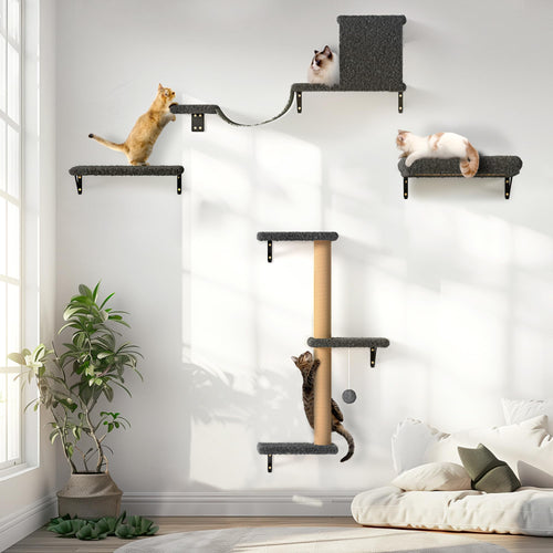 FUKUMARU Katzen Kletterwand Set Holz 10-teilig – Grau