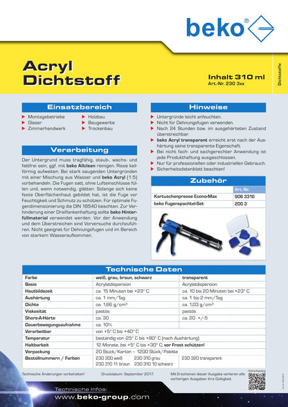 Beko Acryl-Dichtstoff weiss 310 ml, 20er Sparpack (1 Karton)