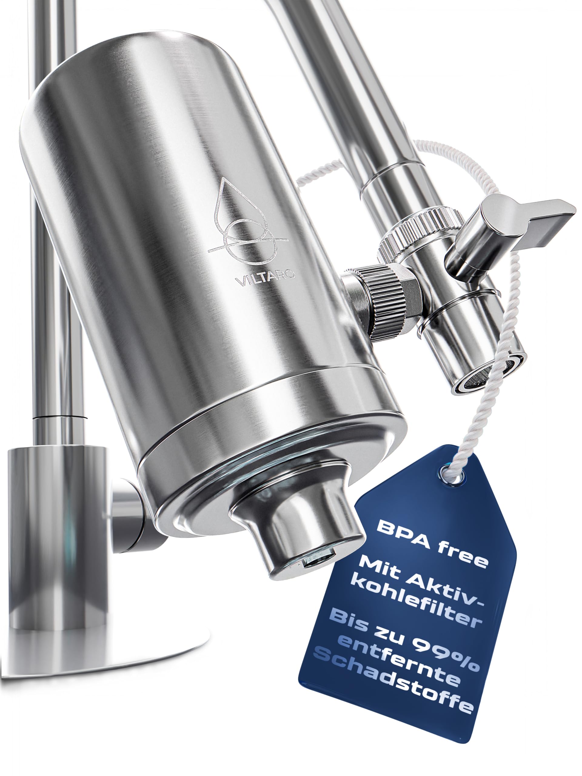 VILTARO Wasserfilter Wasserhahn mit Aktivkohle, Edelstahl, BPA-frei – Filter aus Edelstahl mit Umschalthebel