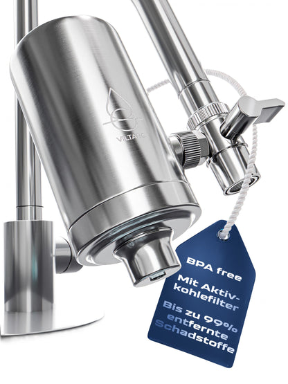 VILTARO Wasserfilter Wasserhahn mit Aktivkohle, Edelstahl, BPA-frei – Filter aus Edelstahl mit Umschalthebel