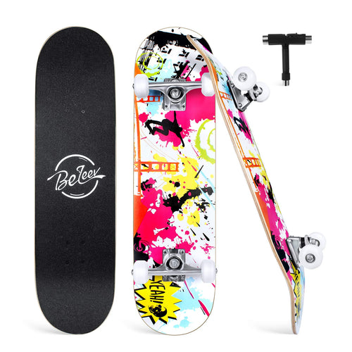 BELEEV Skateboard Cruiser 31x8 Zoll Ahorn Double Kick, Graffiti mit vier PU-Rollen