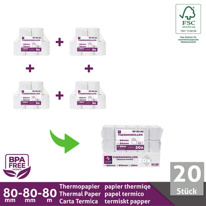 LYNNE Payment Solutions Thermorollen 80 mm x 80 m, BPA-frei, 20 Stück