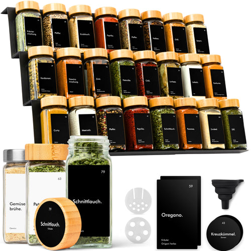 KIVY Gewürzregal Set – 24 Gläser, verstellbar für Schubladen: Ausziehbares Regal mit 24 Zylindergläsern für Gewürzschublade.