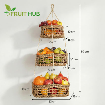FRUIT HUB Obstkorb hängend aus Seegras – Hängekorb mit 3 Etagen