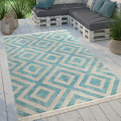 Paco Home Outdoor Teppich Rautenmuster Blau-Weiss 120x170 cm, geometrisches Flachgewebe