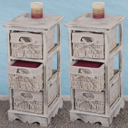 Mendler 2er-Set Regal Kommode Vintage, 3 Korbschubladen – Weiss