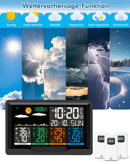 Qxmcov Wetterstation Funk – 3 Sensoren, Digital Thermo-Hygrometer