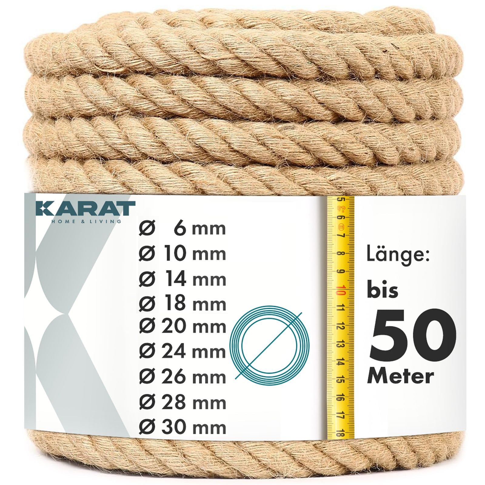 KARAT Kletterseil aus 100% Jute, 30 mm, Tragkraft 770 kg mit rauer, griffiger Oberfläche für Sport und Garten