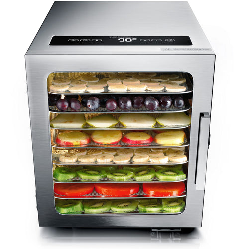 Arendo Dörrautomat Edelstahl – 8 Fächer, 500W Lebensmittel Dehydrator. Dieses Gerät trocknet Obst, Gemüse, Kräuter und Fleisch.