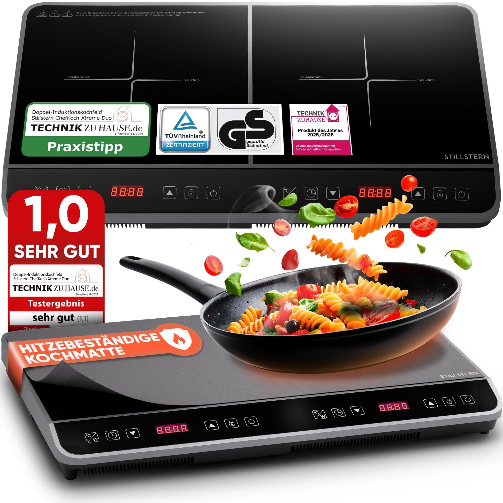 Stillstern ChefKoch Xtreme Duo Doppel-Induktionskochfeld 3600 W mit zwei Kochzonen und Touch-Bedienfeld