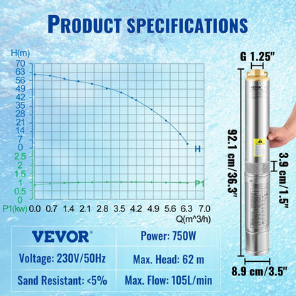 VEVOR Tiefbrunnenpumpe 750 W Tauchpumpe 105 L/min Förderhöhe 62 m