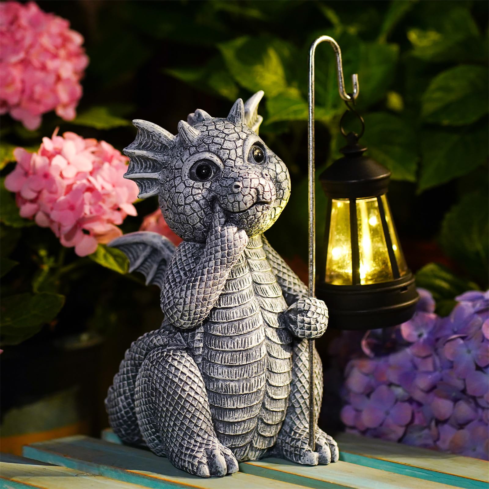 Yeomoo Drachenfigur mit Solarlaterne – Gartendeko aus Harz, Grau
