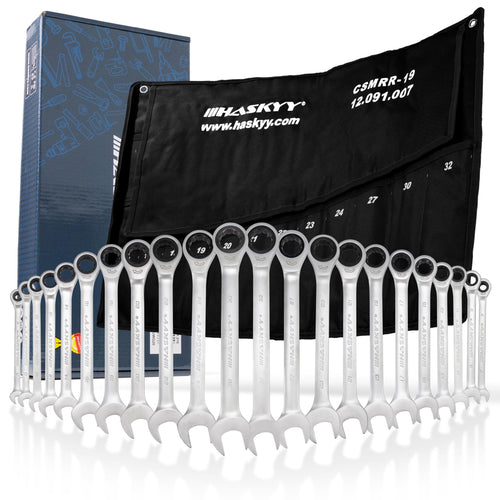 HASKYY Ringratschenschlüssel Satz 22-teilig, 6-32 mm, 72 Zähne. Metallfarbene Schlüssel zum schnellen Anziehen/Lösen von Muttern/Schrauben.