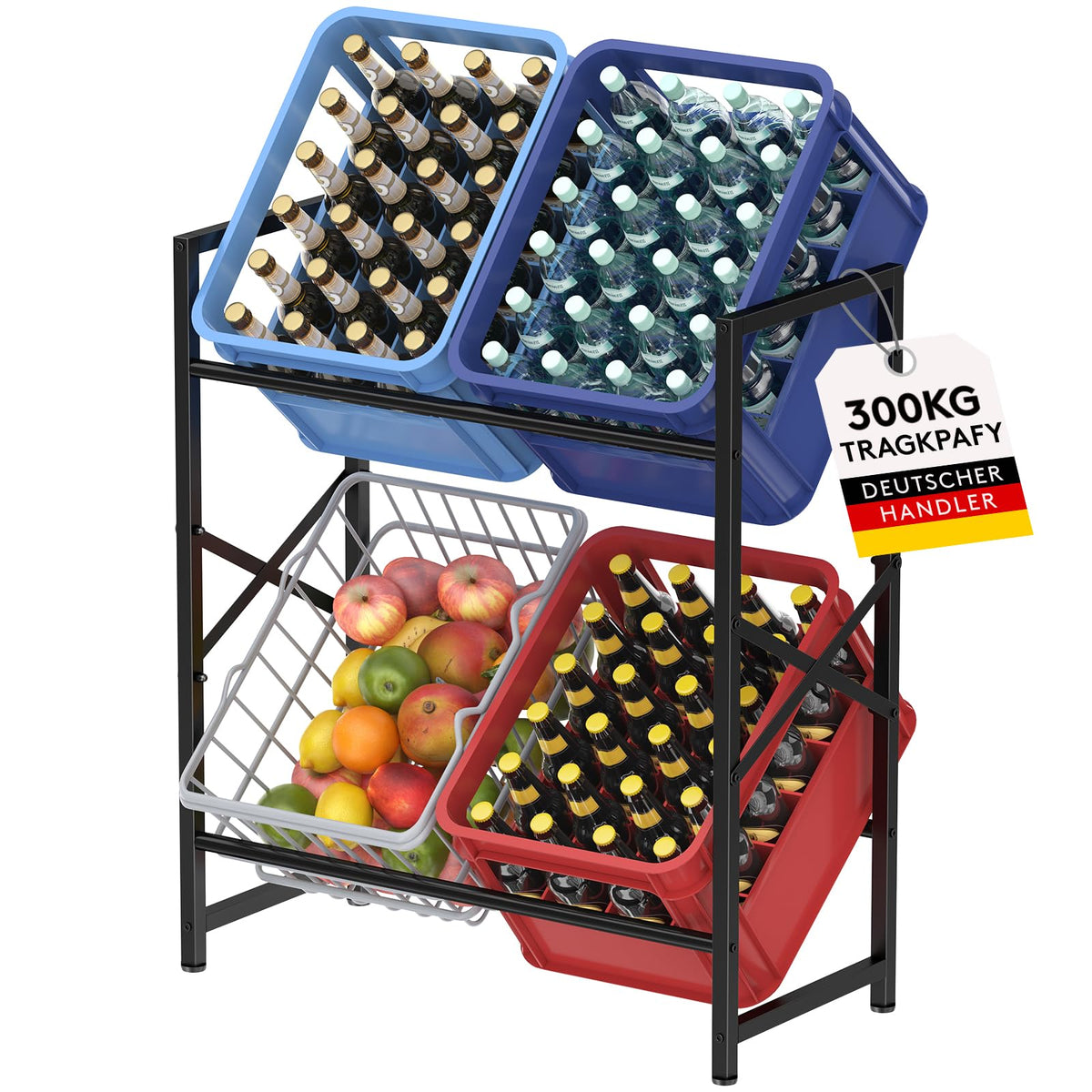 Lifewit Getränkekistenregal aus Metall für 4 Kisten, 300 kg, Schwarz mit Querverstrebungen und verstellbaren Füssen