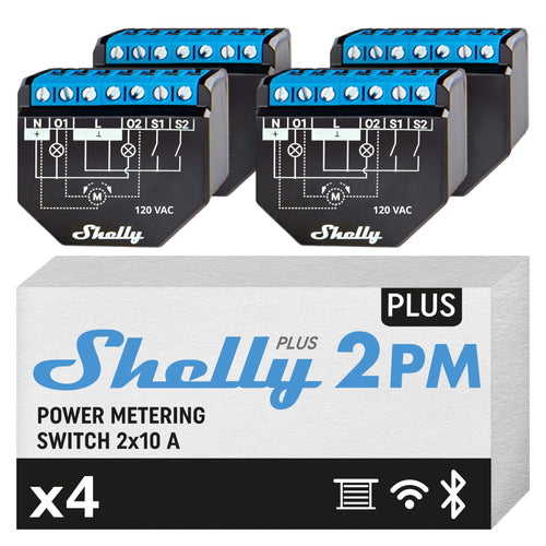 Shelly Plus 2PM Smart Home Doppel Relais Schalter – 4er Pack. Vier weiße Module, steuert je zwei Stromkreise.