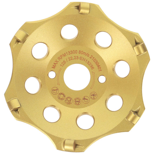 PRODIAMANT PKD Diamantschleiftopf für Winkelschleifer 125mm 6 Segmente, silber, topfförmig. Schleift Beton und Estrich.