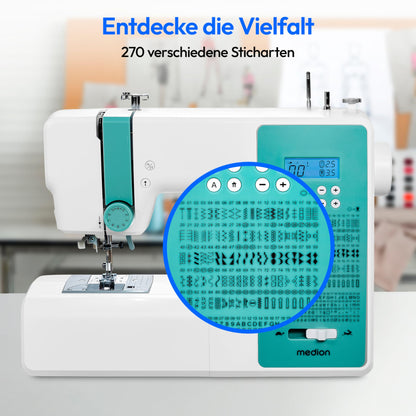 MEDION SD36 MD11881 Digitale Nähmaschine, 270 Stichmuster, türkis