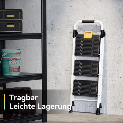 KINGRACK Trittleiter 3 Stufen, Klappleiter 150 kg, weiss