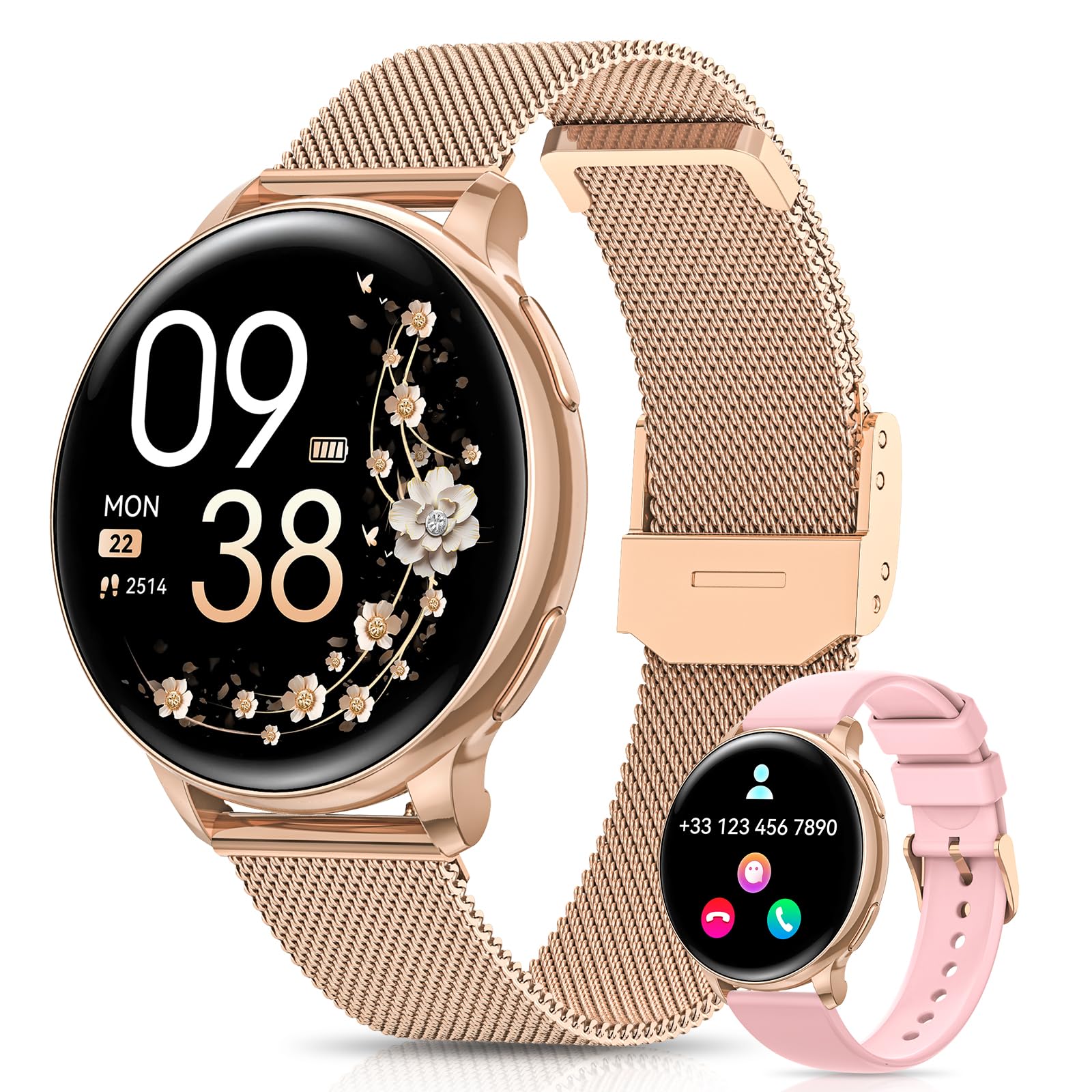 AIMIUVEI Smartwatch Damen Roségold, 1,27 Zoll HD mit Telefonfunktion, rundes Zifferblatt und Doppelarmband