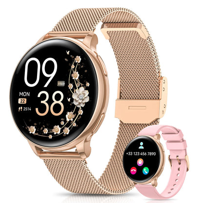 AIMIUVEI Smartwatch Damen Roségold, 1,27 Zoll HD mit Telefonfunktion, rundes Zifferblatt und Doppelarmband