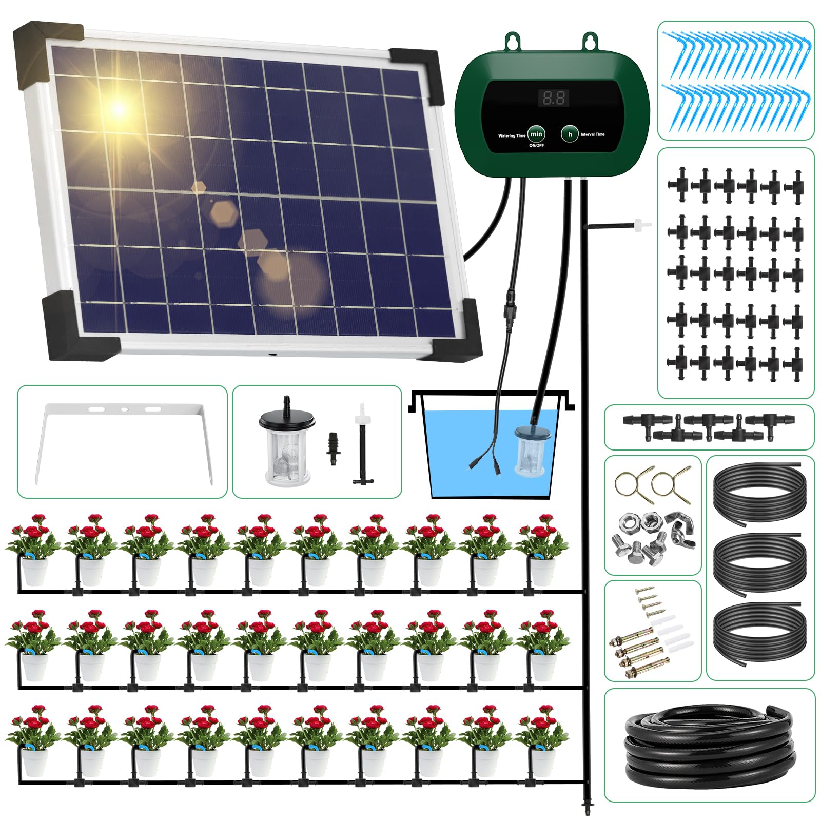 Solar Automatisches Bewässerungssystem 300 – 30M Tropfschlauch: Schwarzes Solarpanel, Pumpe und 30m Tropfschlauch zur Mikrobewässerung von Pflanzen.