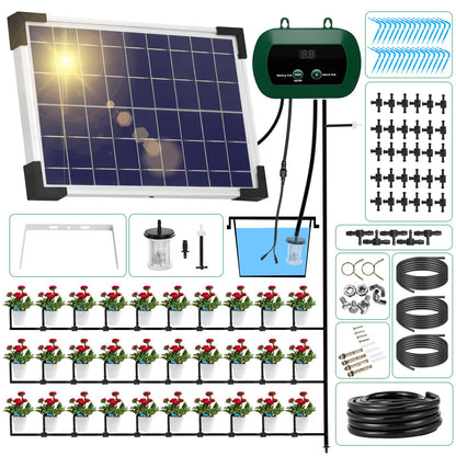 Solar Automatisches Bewässerungssystem 300 – 30M Tropfschlauch: Schwarzes Solarpanel, Pumpe und 30m Tropfschlauch zur Mikrobewässerung von Pflanzen.